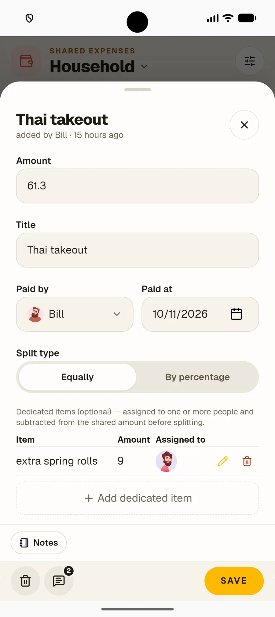 Splitting an expense 60/40 by percentage in Nook
