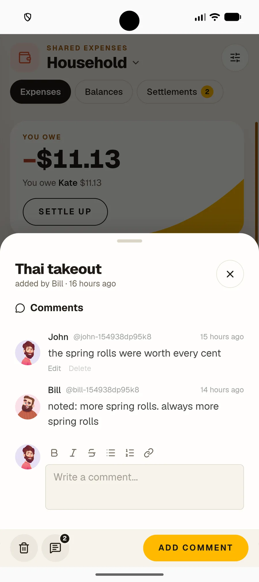 Comments on a shared expense in Nook