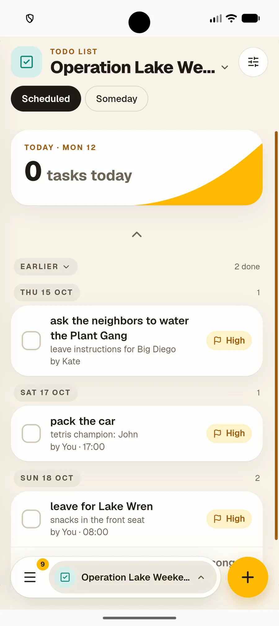 Scheduled household chores in Nook To-dos