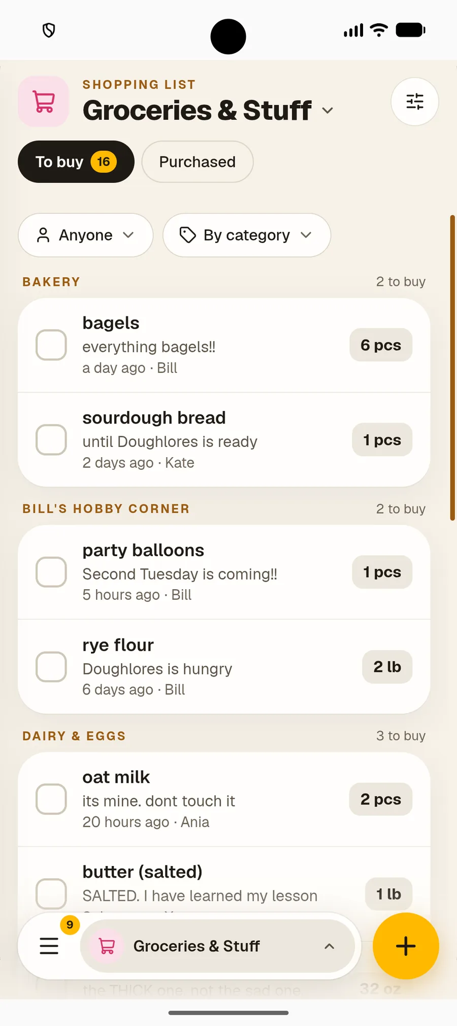 Shared grocery list sorted by category in Nook