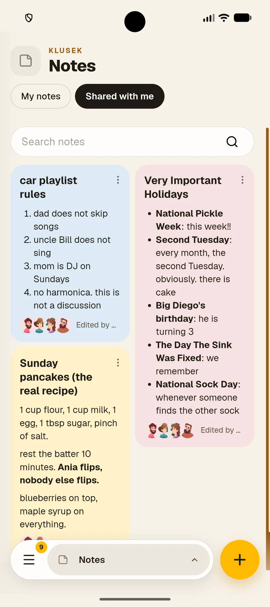 Notes shared by family members in Nook Notes