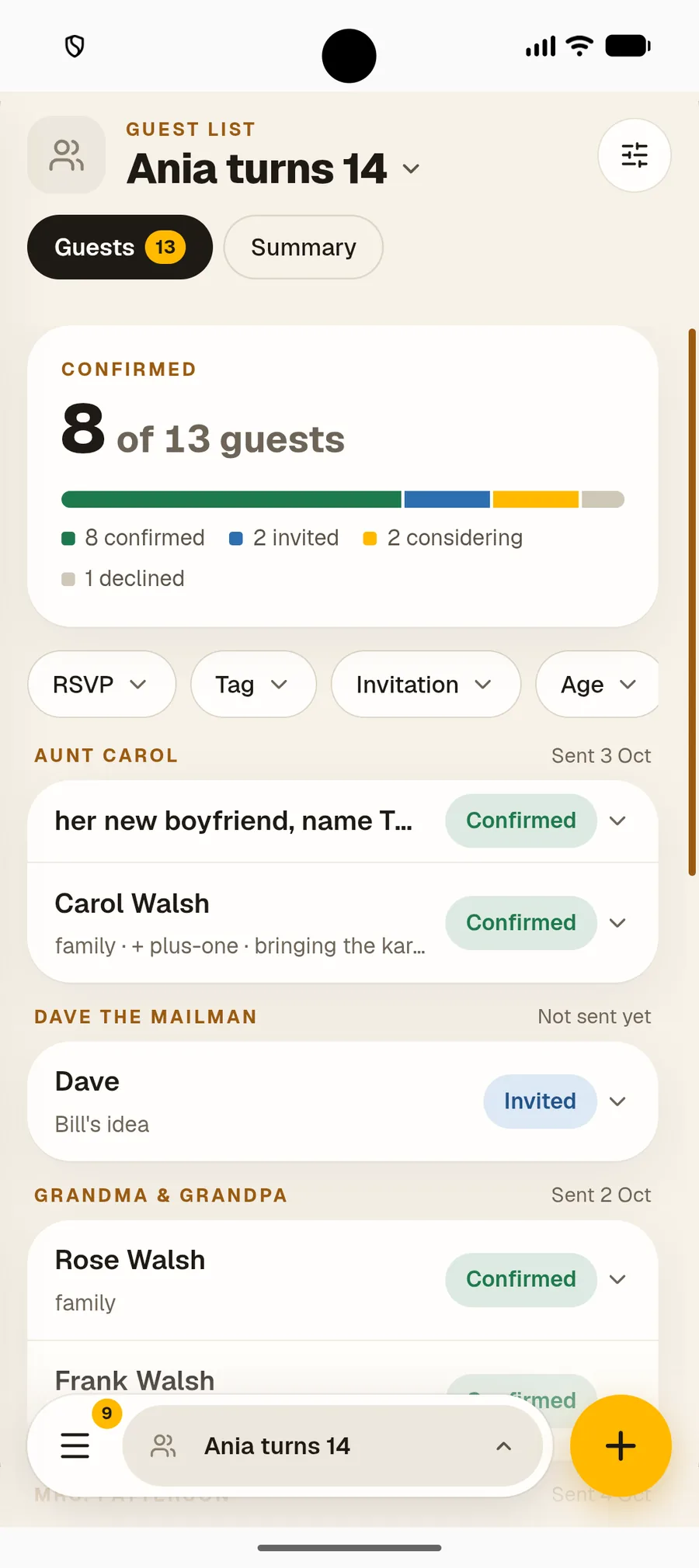 Guest list with confirmed RSVPs grouped by invitation in Nook