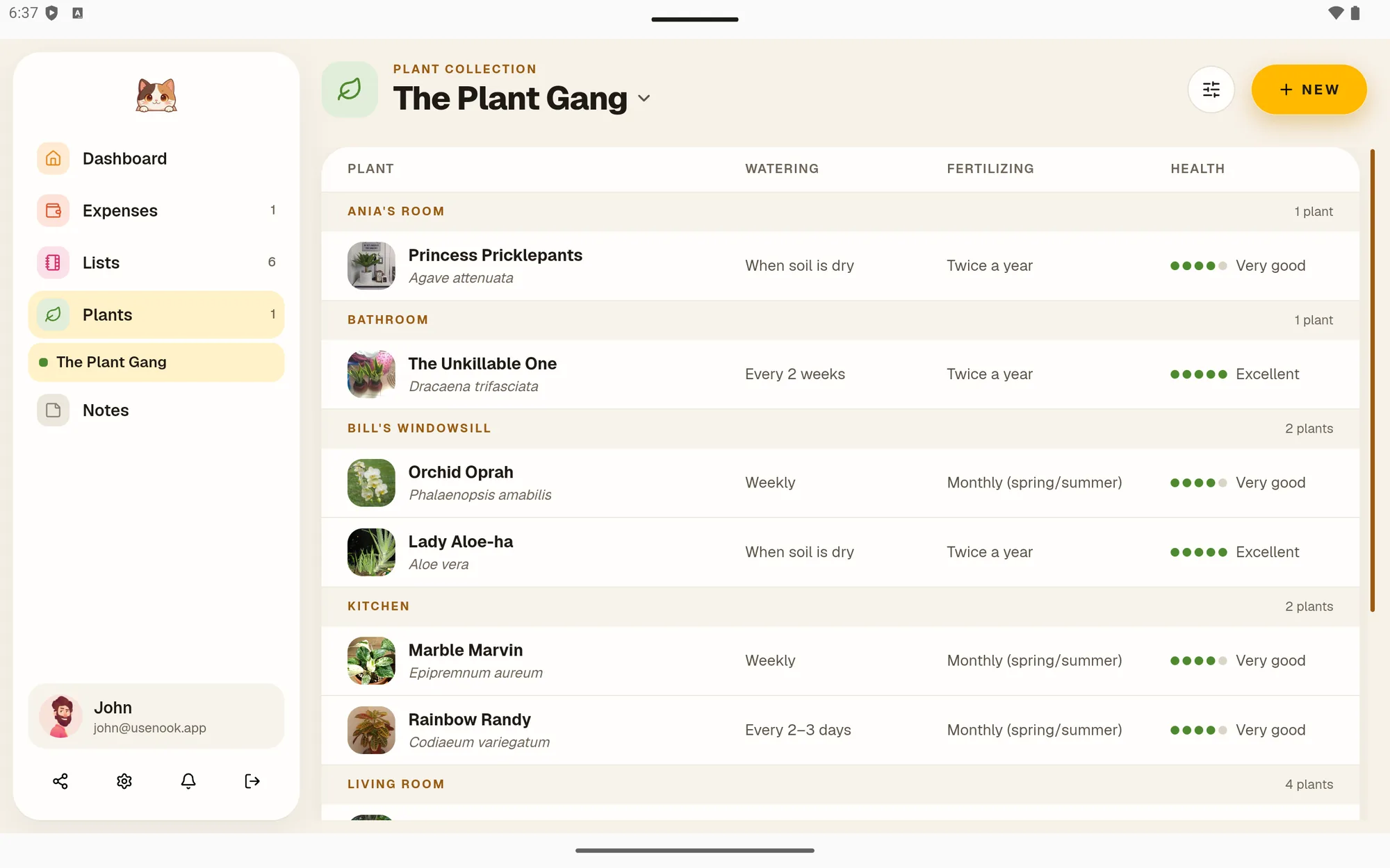 Plant watering schedule in Nook Plant Care