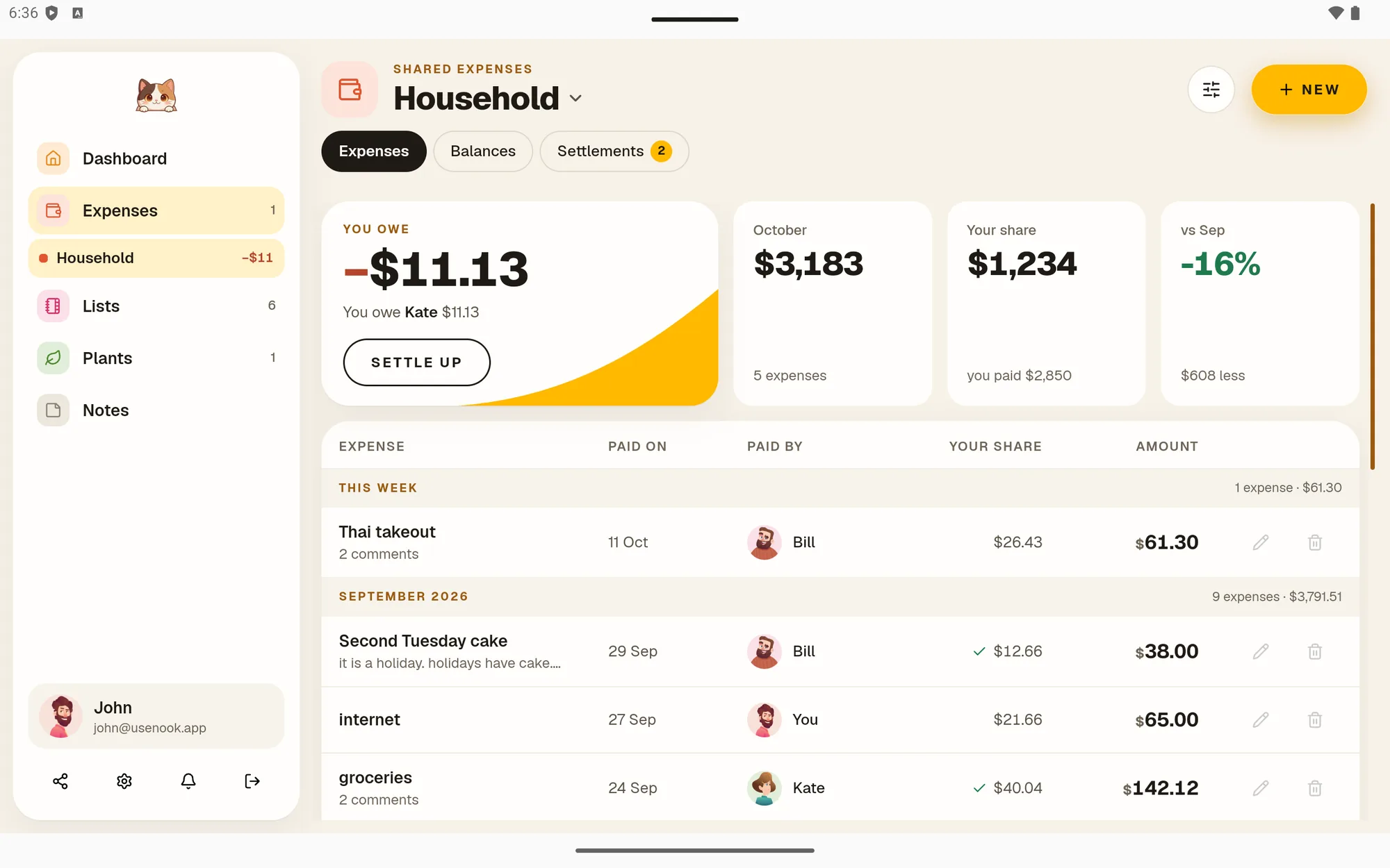 Who owes whom: Nook Shared Expenses balance on a tablet