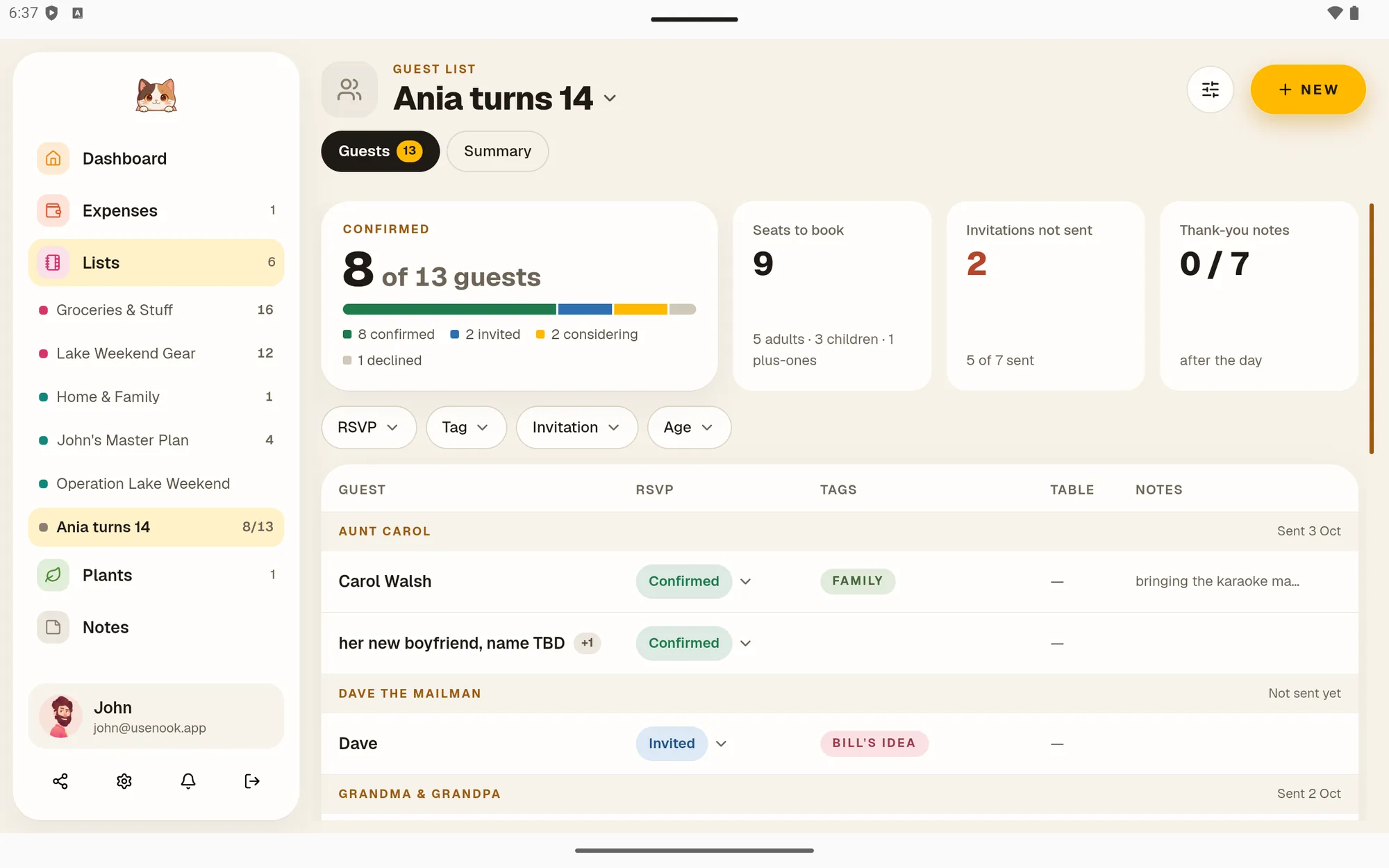 Guest list with RSVP summary in Nook