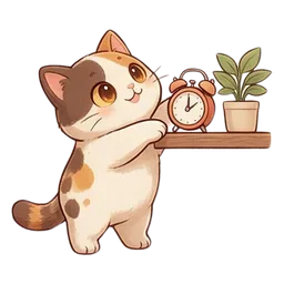 Nook the cat sticker: reaching shelf clock and plant
